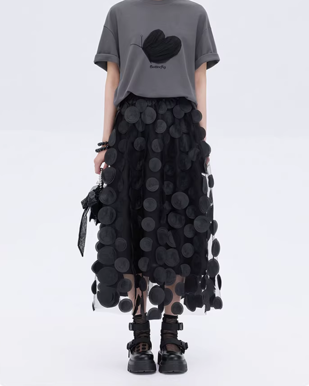 Patch Embroidered Flared Mesh Skirt SHN0003