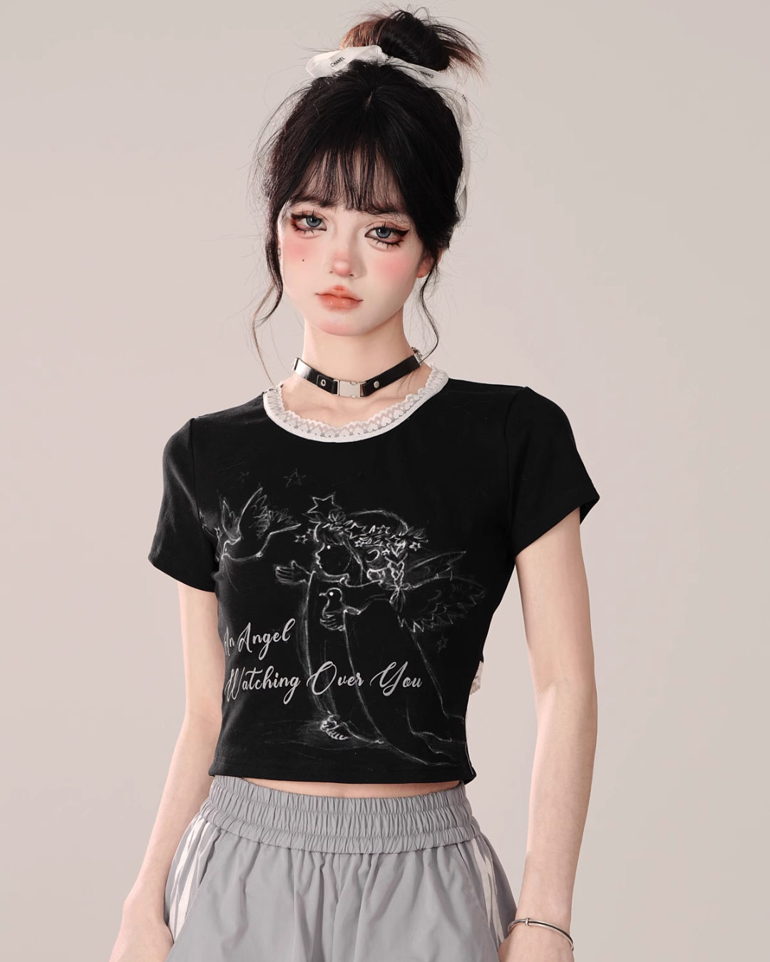 Cropped Lace Crew Neck T-Shirt KLS0004