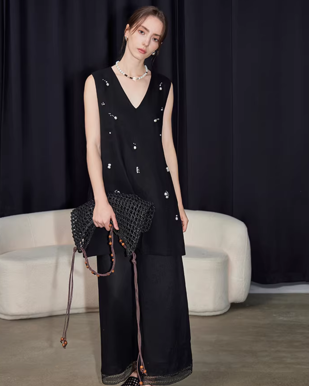 V-Neck Linen Sleeveless / Straight Linen Wide Pants TEO0012