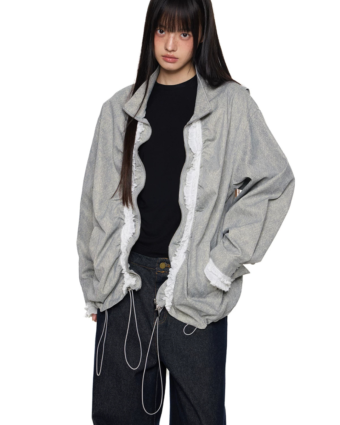 Drawstring Stand Collar Lace Jacket EZK0105