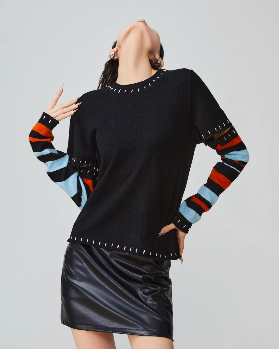 Black Striped Patchwork Knit FER0033