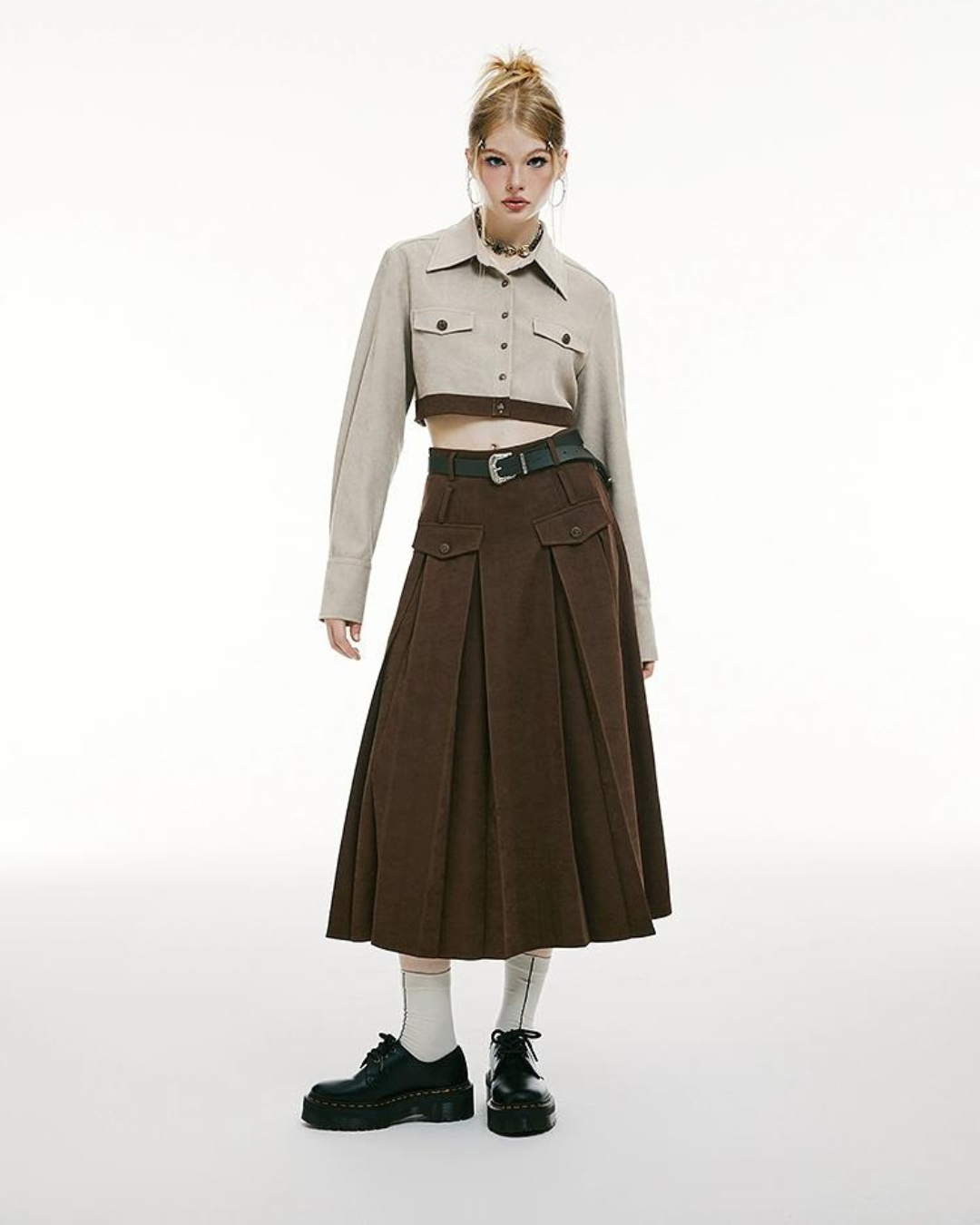 Short High Waisted Shirt＆Pleated Long Skirt IMO0101