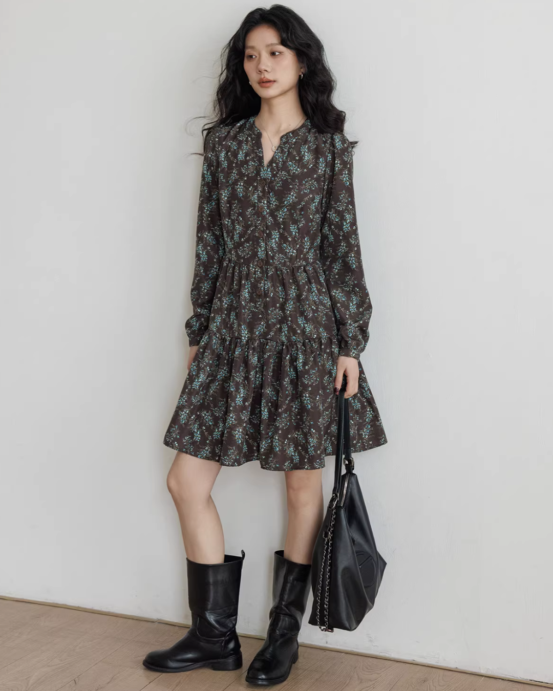V-Neck Printed Waist Shirt Dress VAS0194