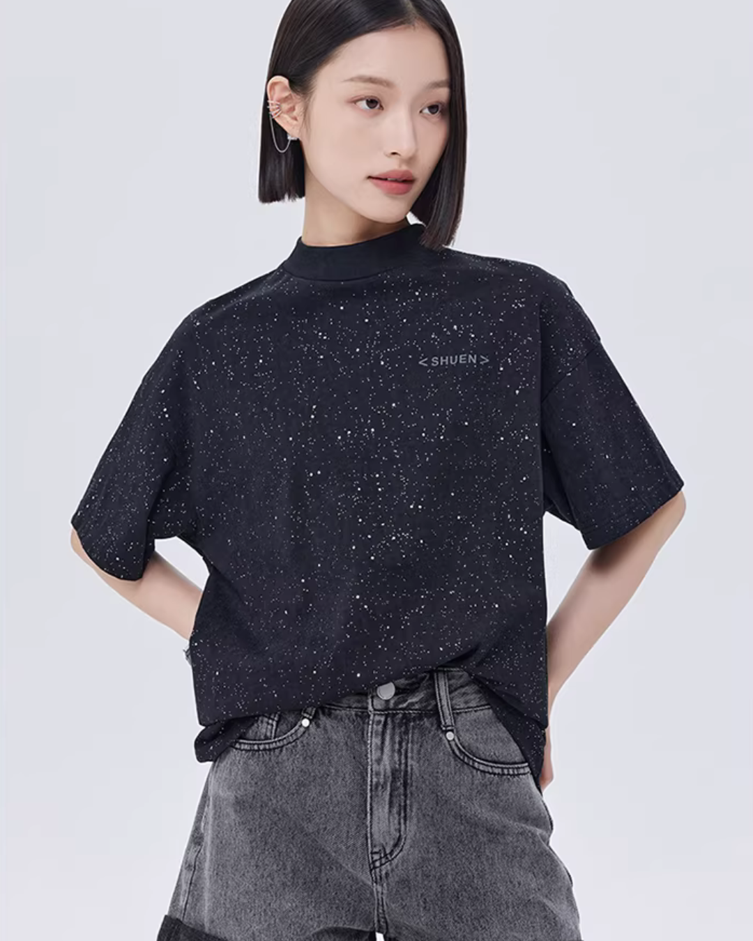 Sequin Mock Neck Short-Sleeve T-Shirt SHN0042