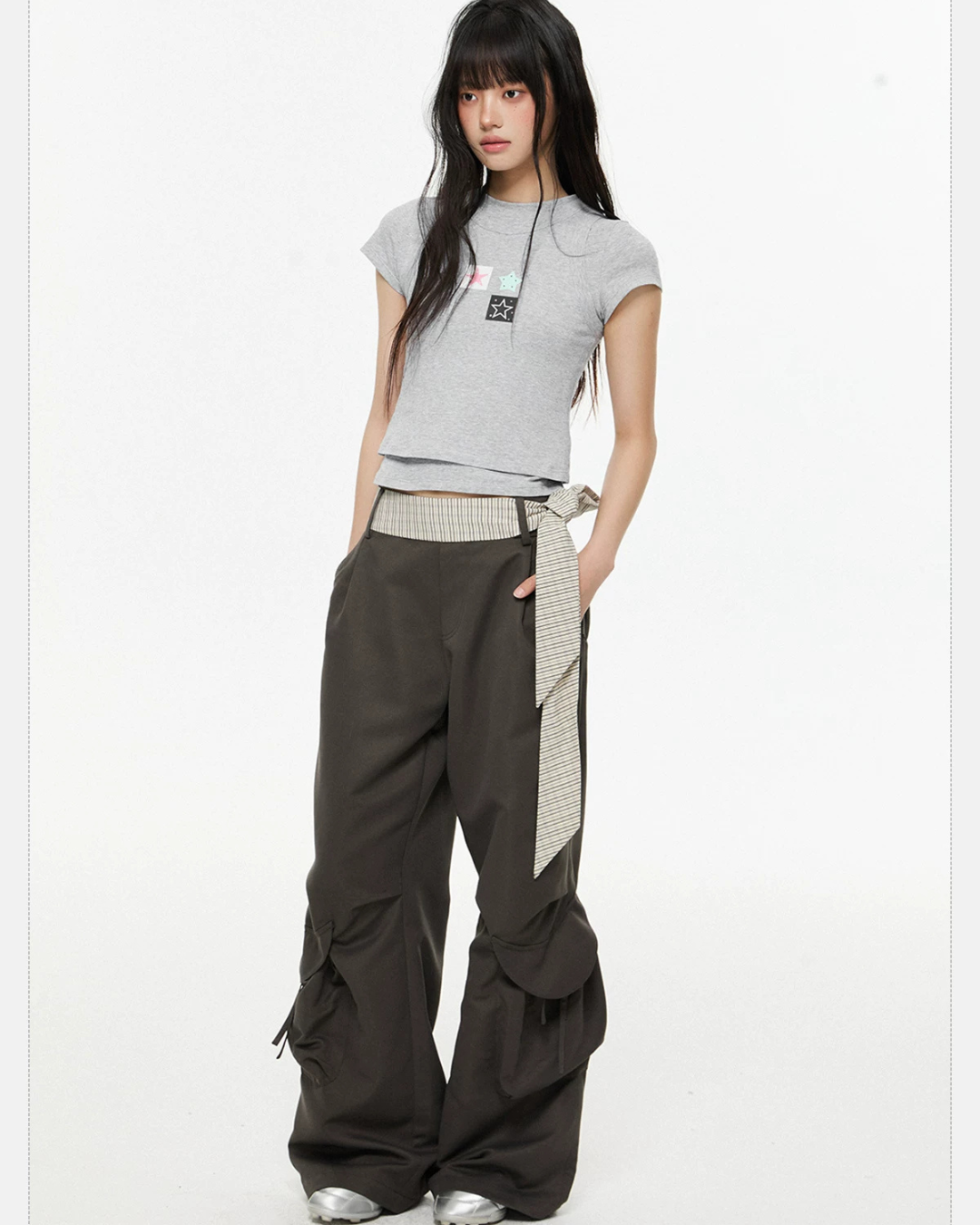 Gingham Sash Belt Wide Cargo Pants EZK0104