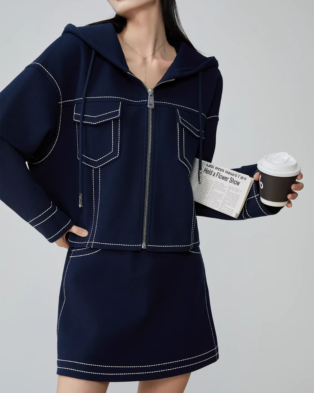 Denim-Style Zip Hoodie / Elastic Waist Mini Skirt FER0051