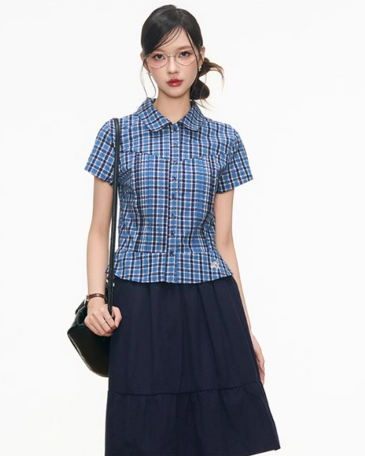 Checked Short Sleeve Shirt / Dark Blue Midi Skirt WEO0028