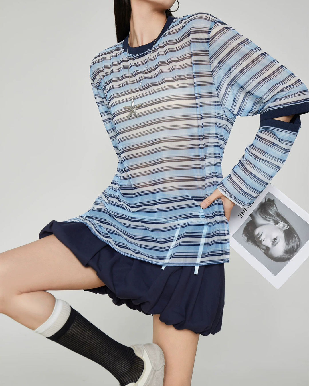 Striped Mesh Long-Sleeve T-Shirt FER0362