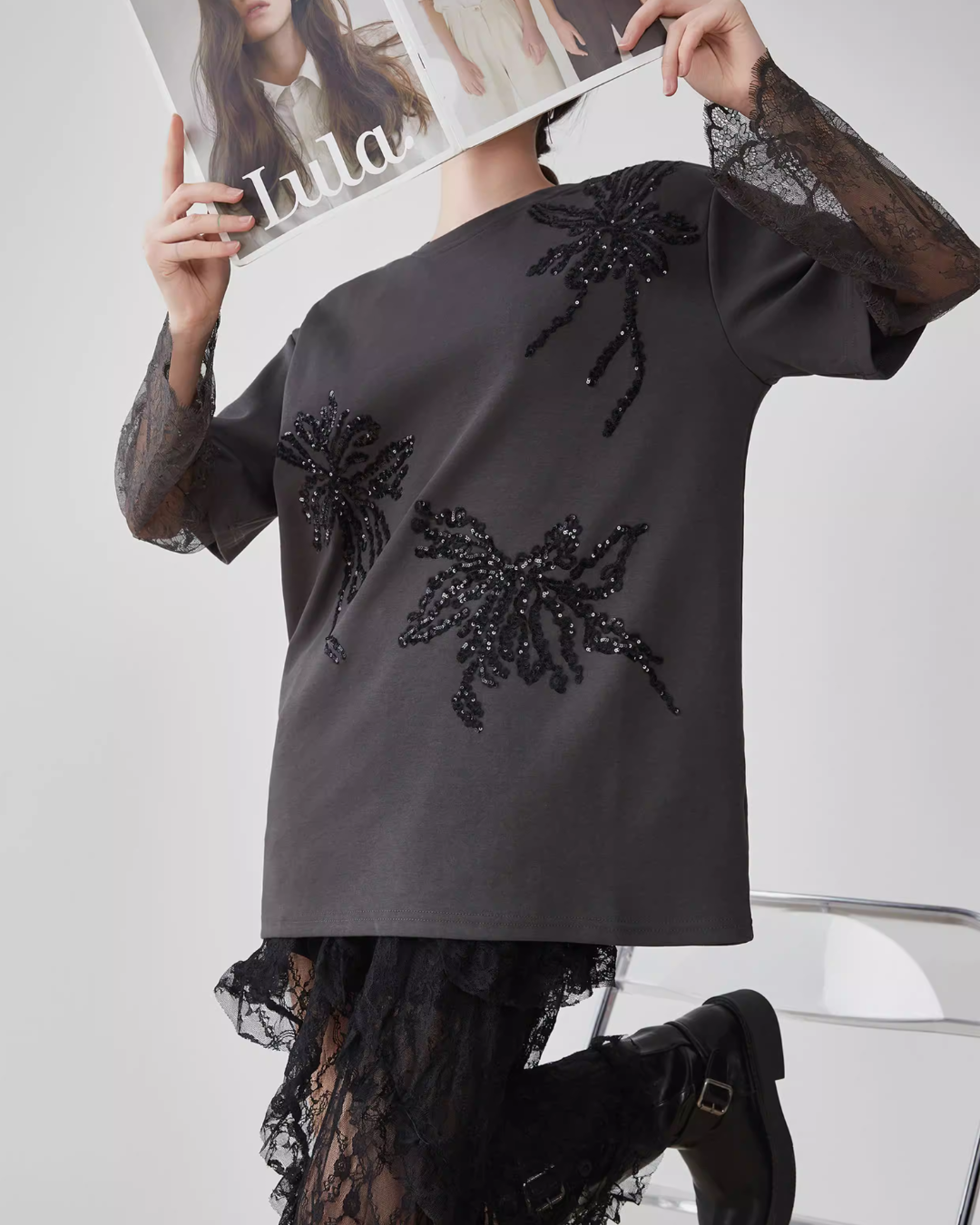 Lace Long-Sleeve Patchwork T-Shirt FER0070
