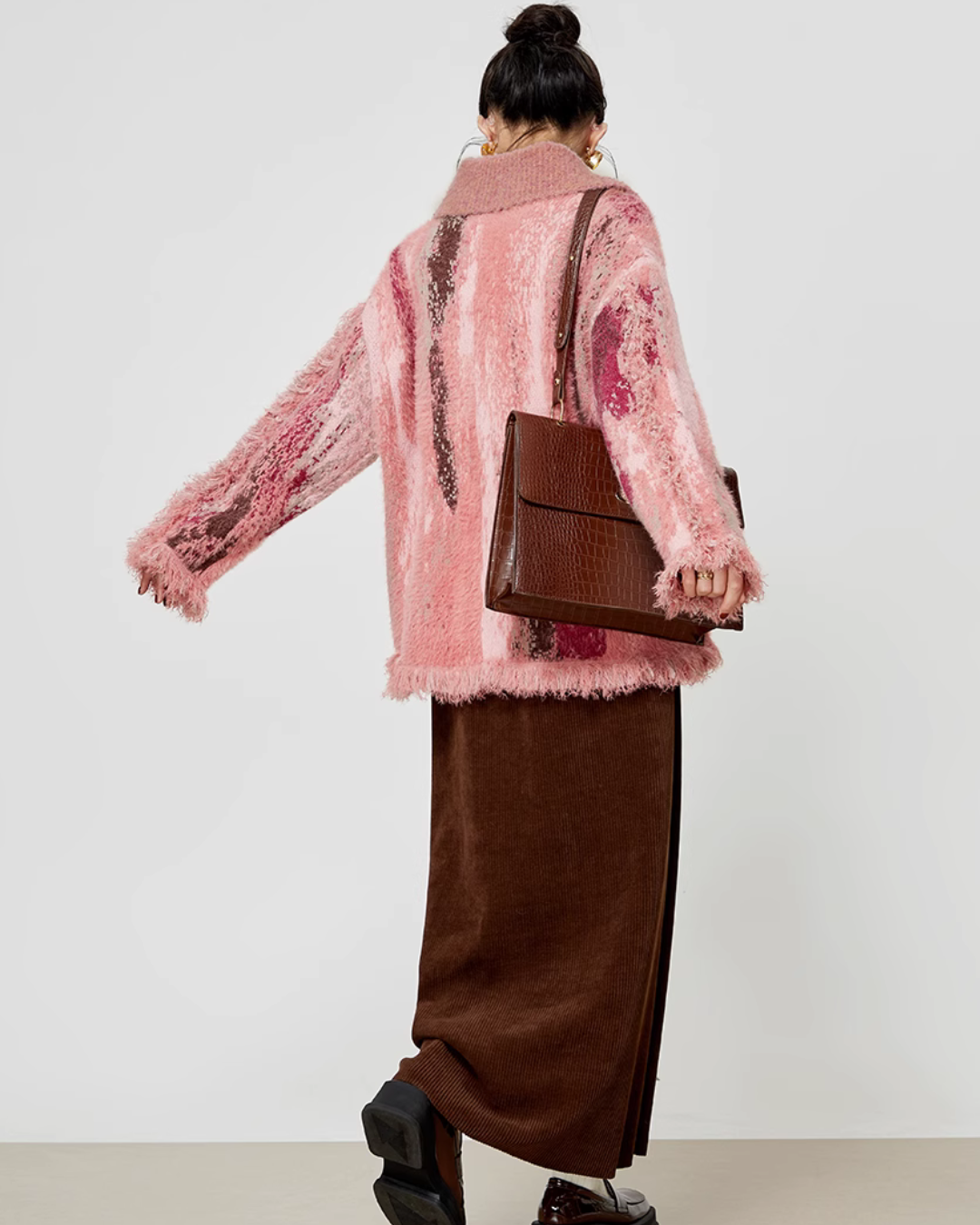 Pink Big Lapel Sweater Cardigan / Corduroy Long Skirt LLA0347