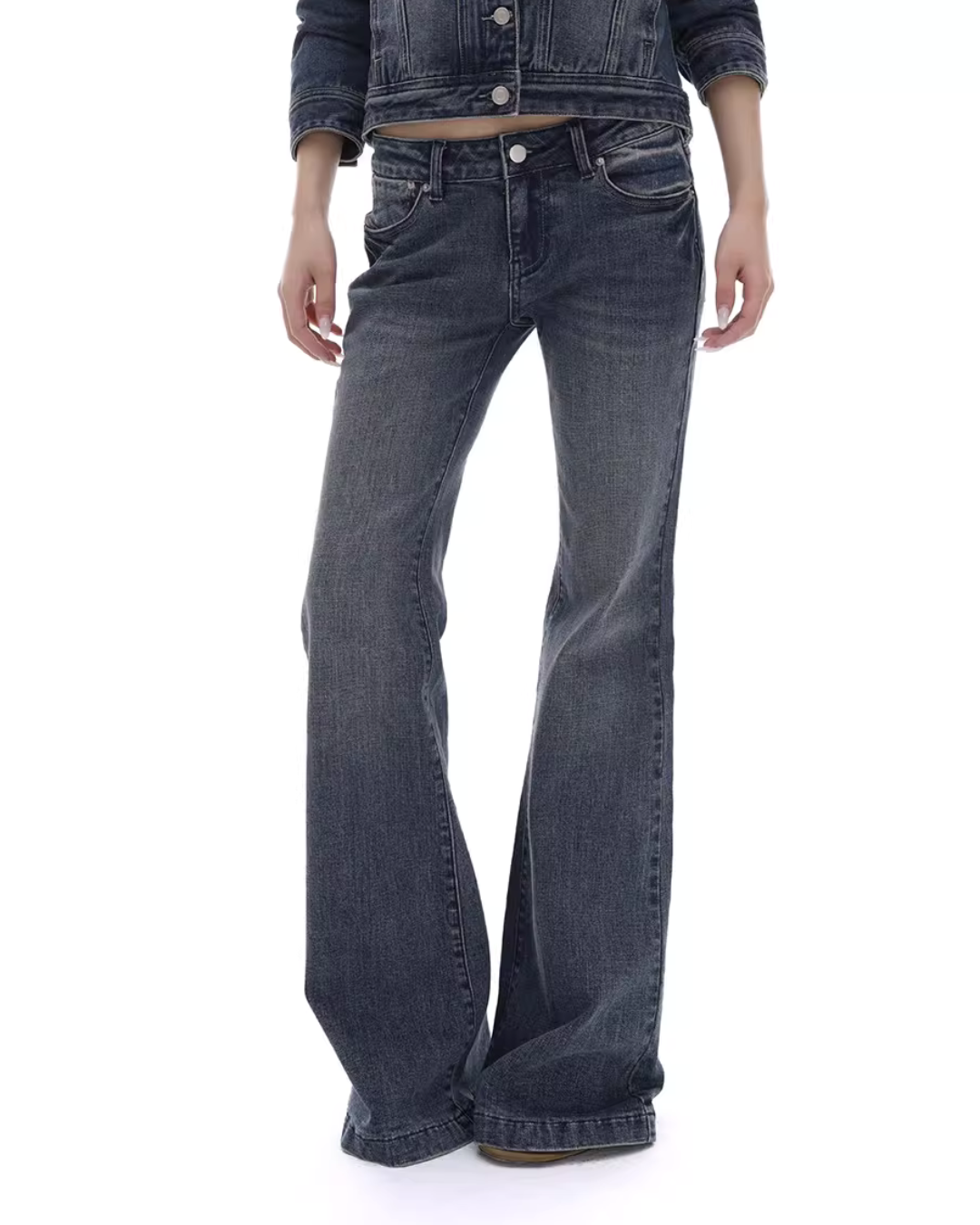 Washed Short Denim Jacket / Flare Slim Jeans IMX0008