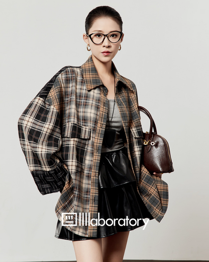 Brown Plaid Shirt  / Leather Mini Skirt LLA0519