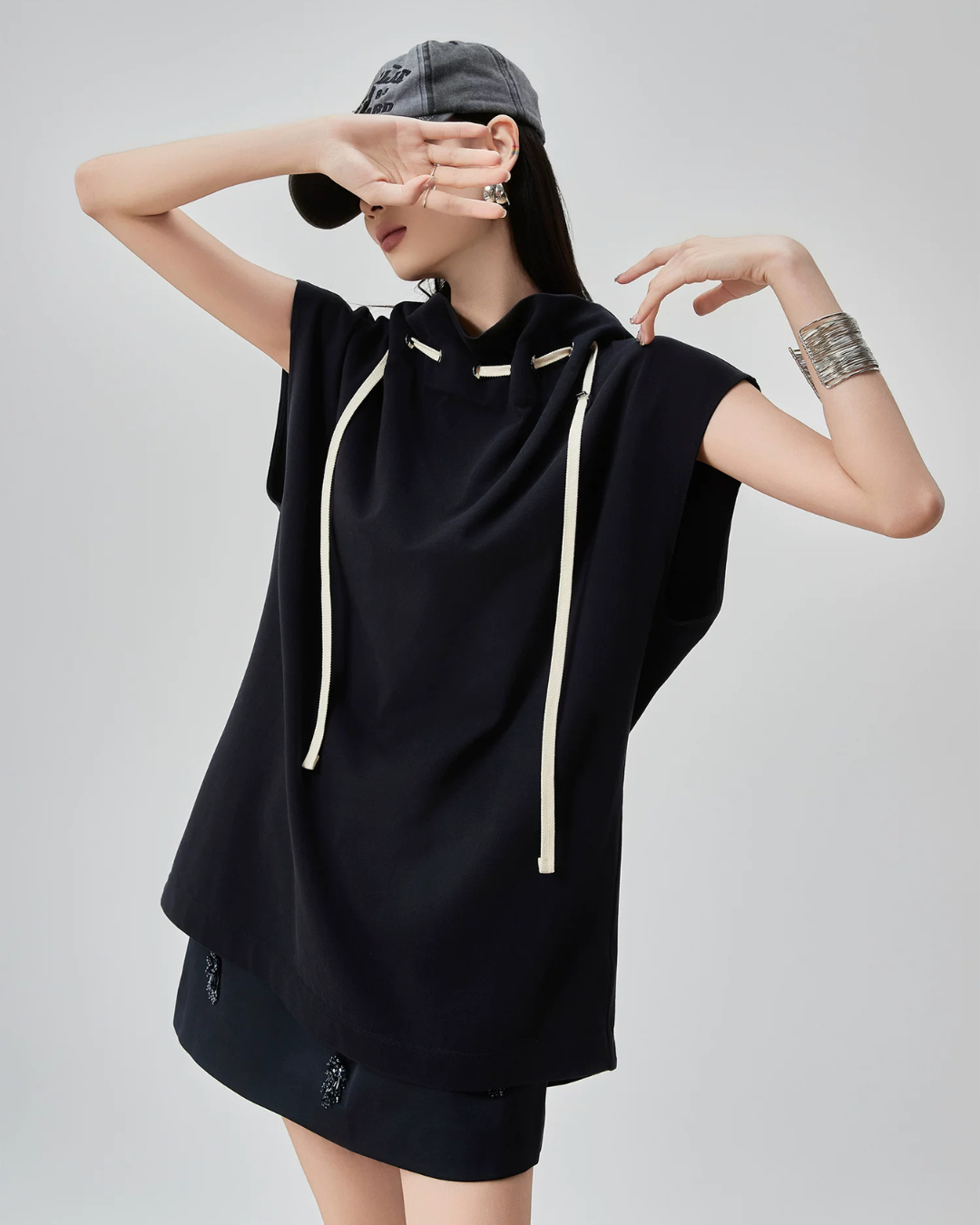 High-Neck Drawstring French Sleeve Top FER0222
