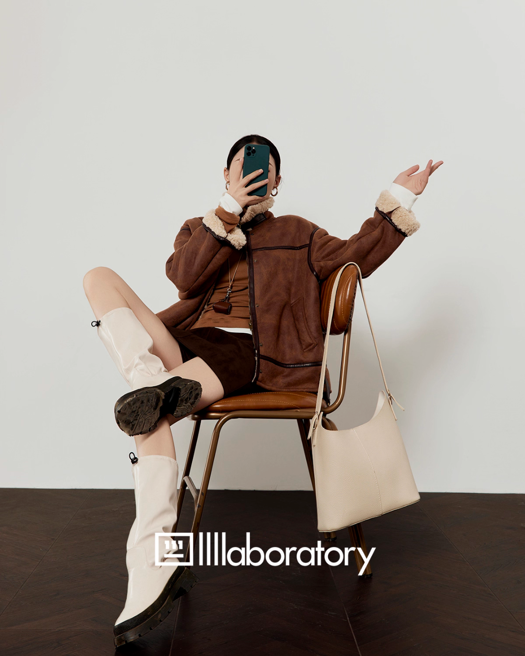 Stand Collar Mouton Jacket / Suede Mini Skirt LLA0572