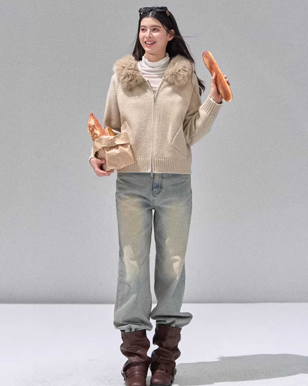 Hooded Fur Zip Knit Cardigan RCR0013