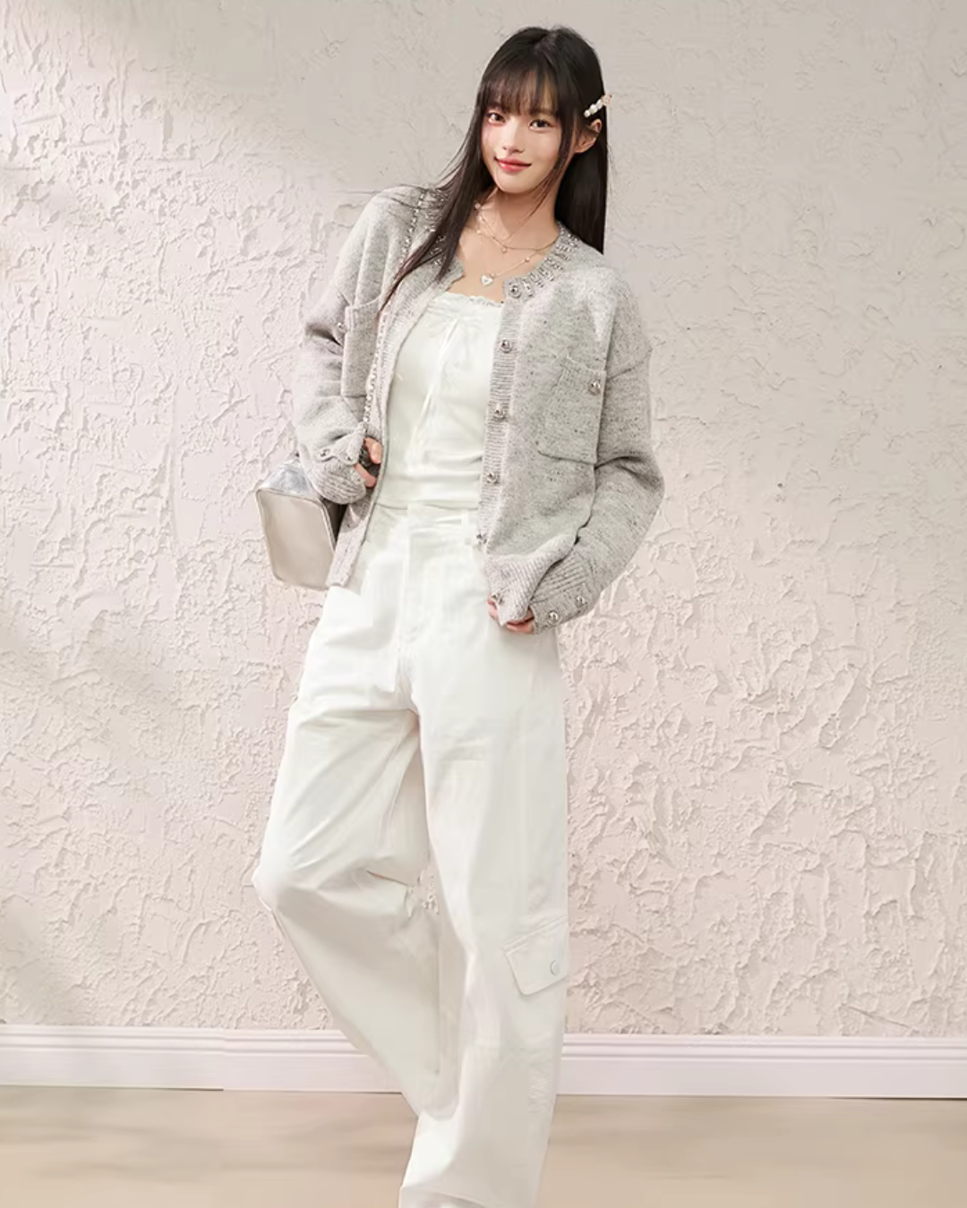 Speckled Rhinestone Knit Cardigan / Rhinestone Flash Jeans  KIP0010