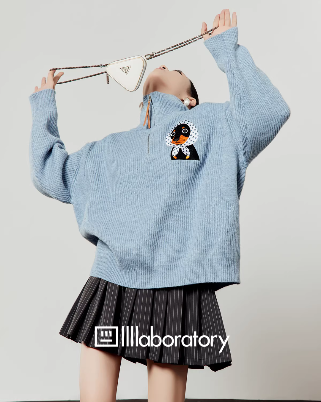 Stand Collar Knit Top / Striped Mini Skirt LLA0627