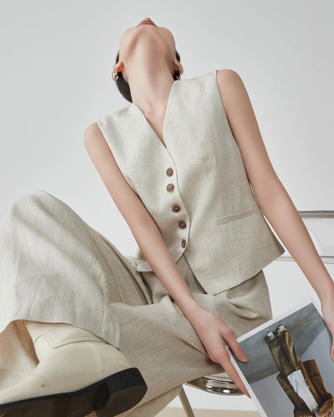 Linen V-Neck Vest / Wide Relaxed Pants FER0270