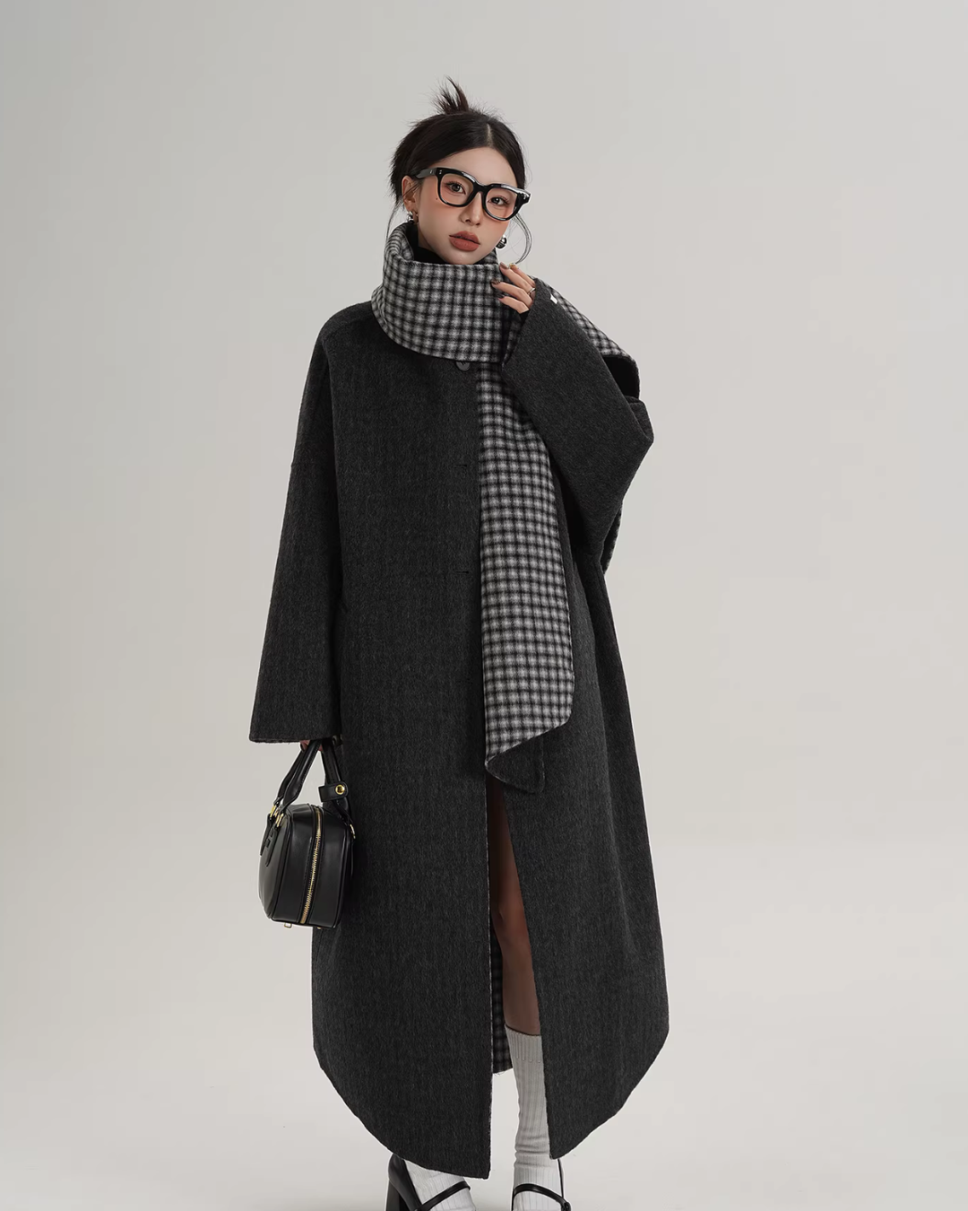 Collarless Coat with Checkered Scarf SRS0405