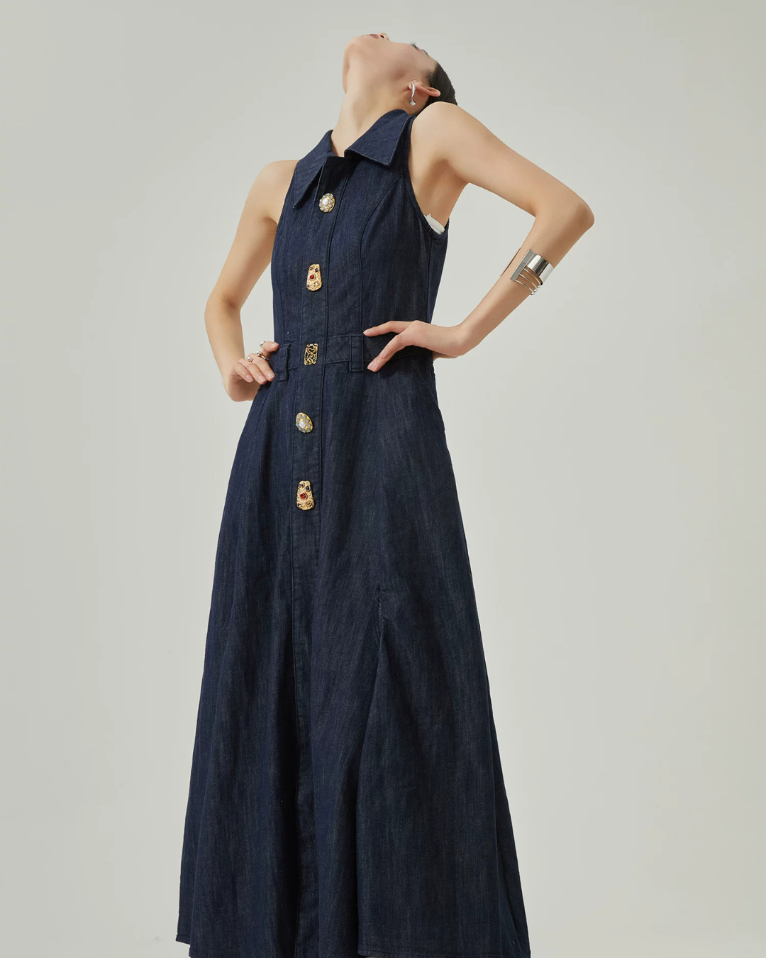Gold Button Denim Sleeveless Dress FER0132