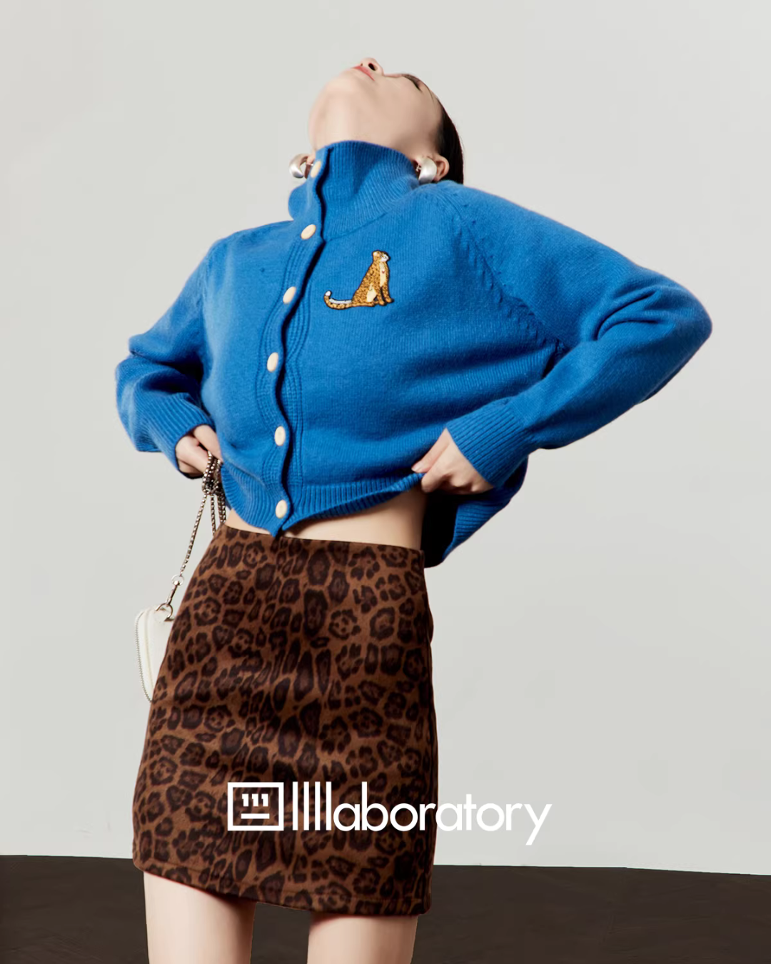 Stand Collar Knit Top / Leopard Print Mini Skirt LLA0587