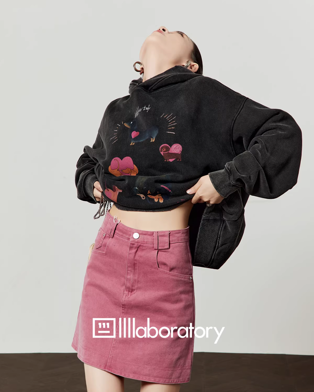 Dog Print Retro Hoodie / Pink Mini Skirt LLA0590