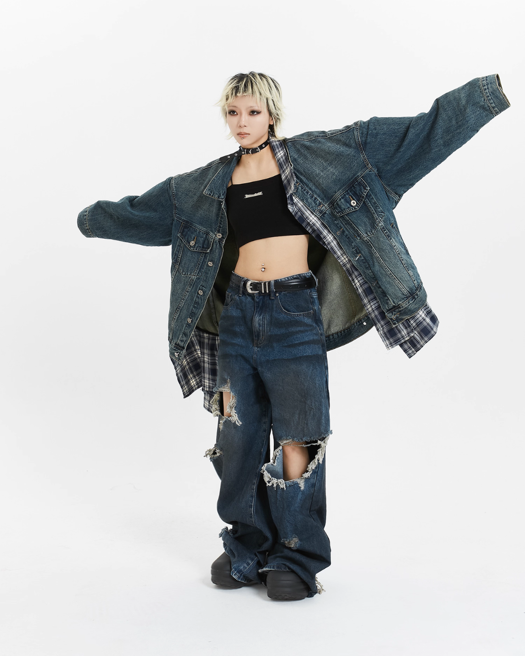 Plaid Shirt Vintage Denim Jacket MCY0005