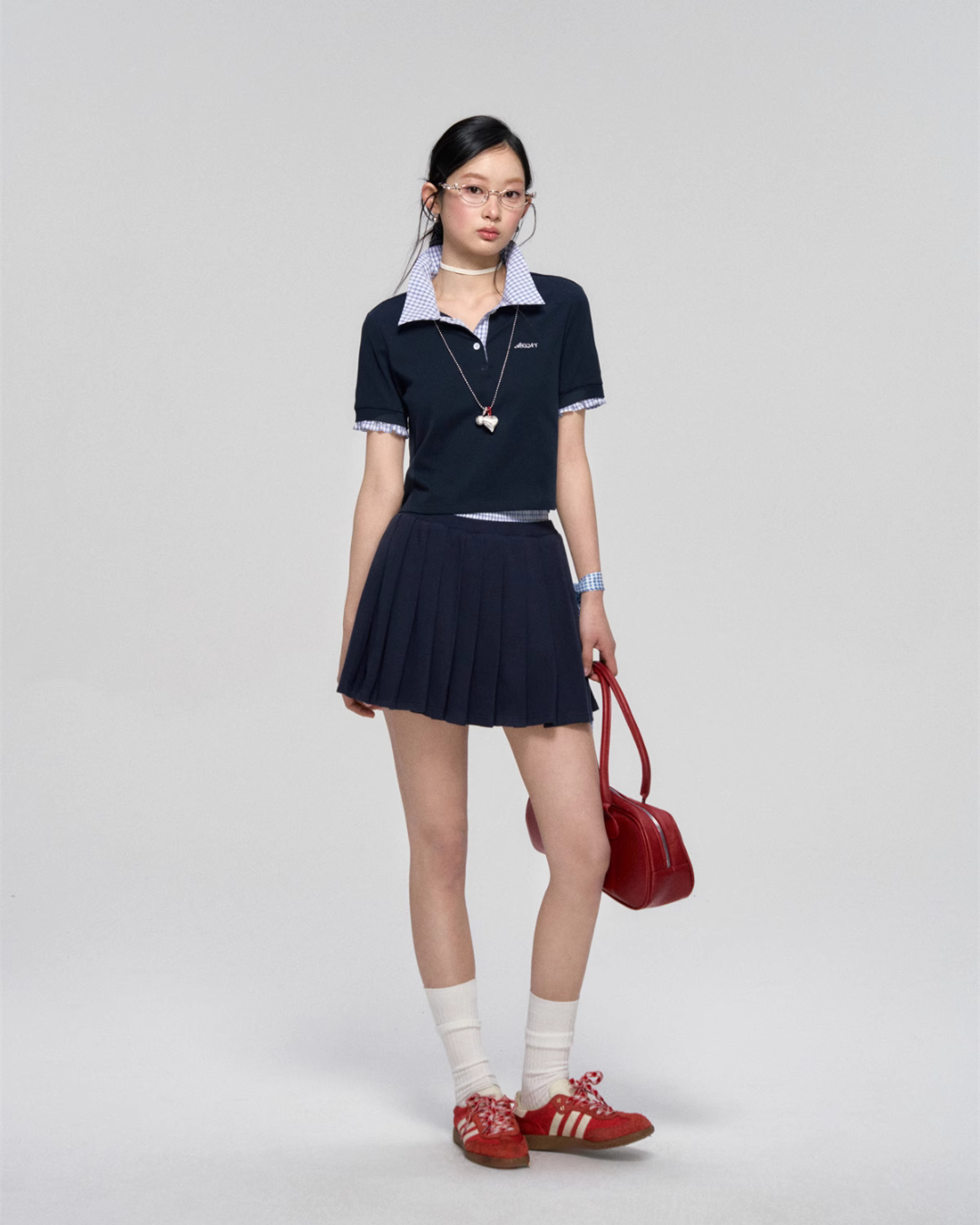 Checked Collar Half Button Top ASG0042