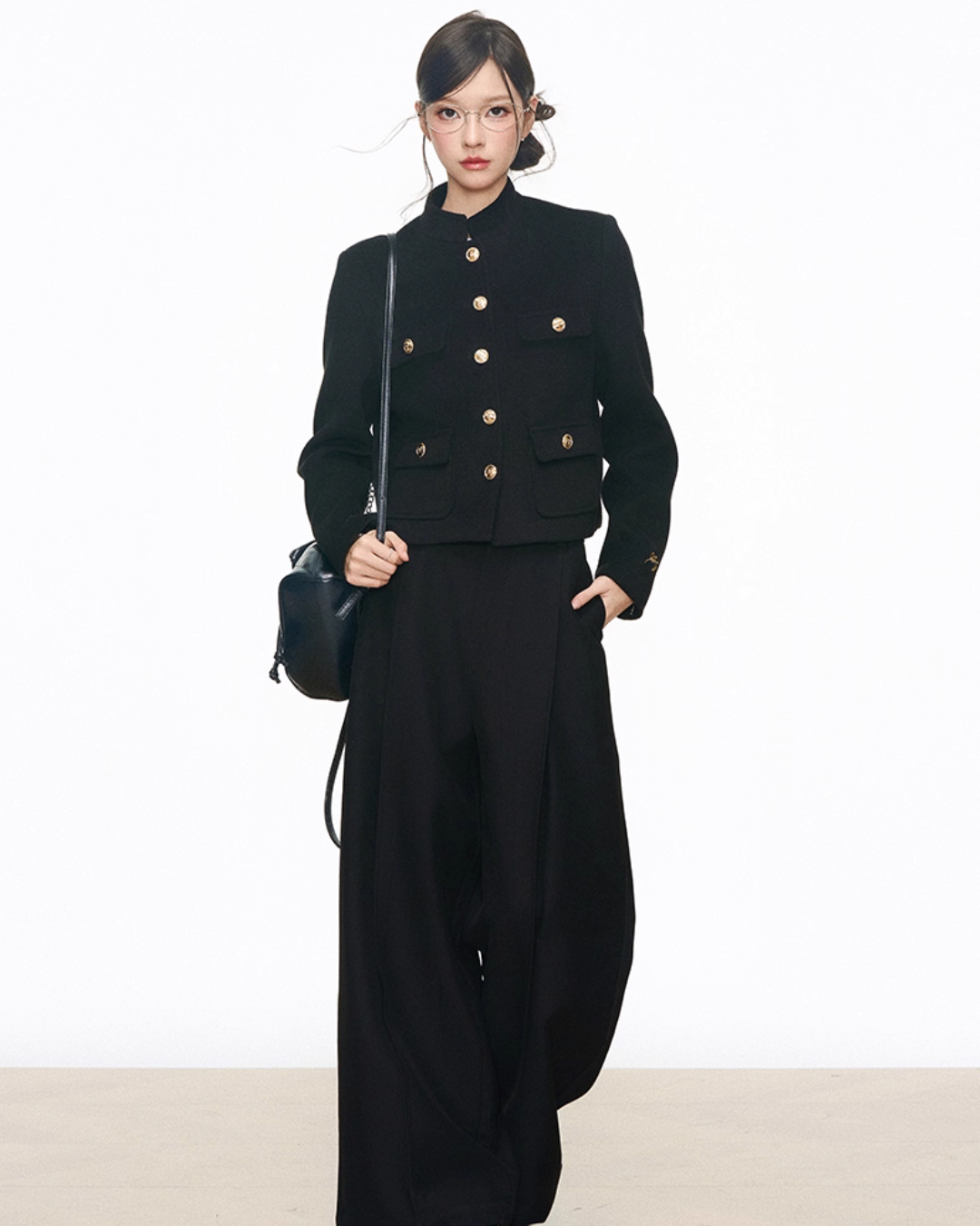 Black Gold Buckle Short Jacket / Black Casual Wide Pants WEO0069