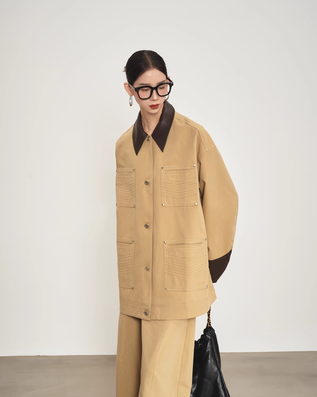 Leather Collar Pocket Shirt / Wide Pants SUY0016