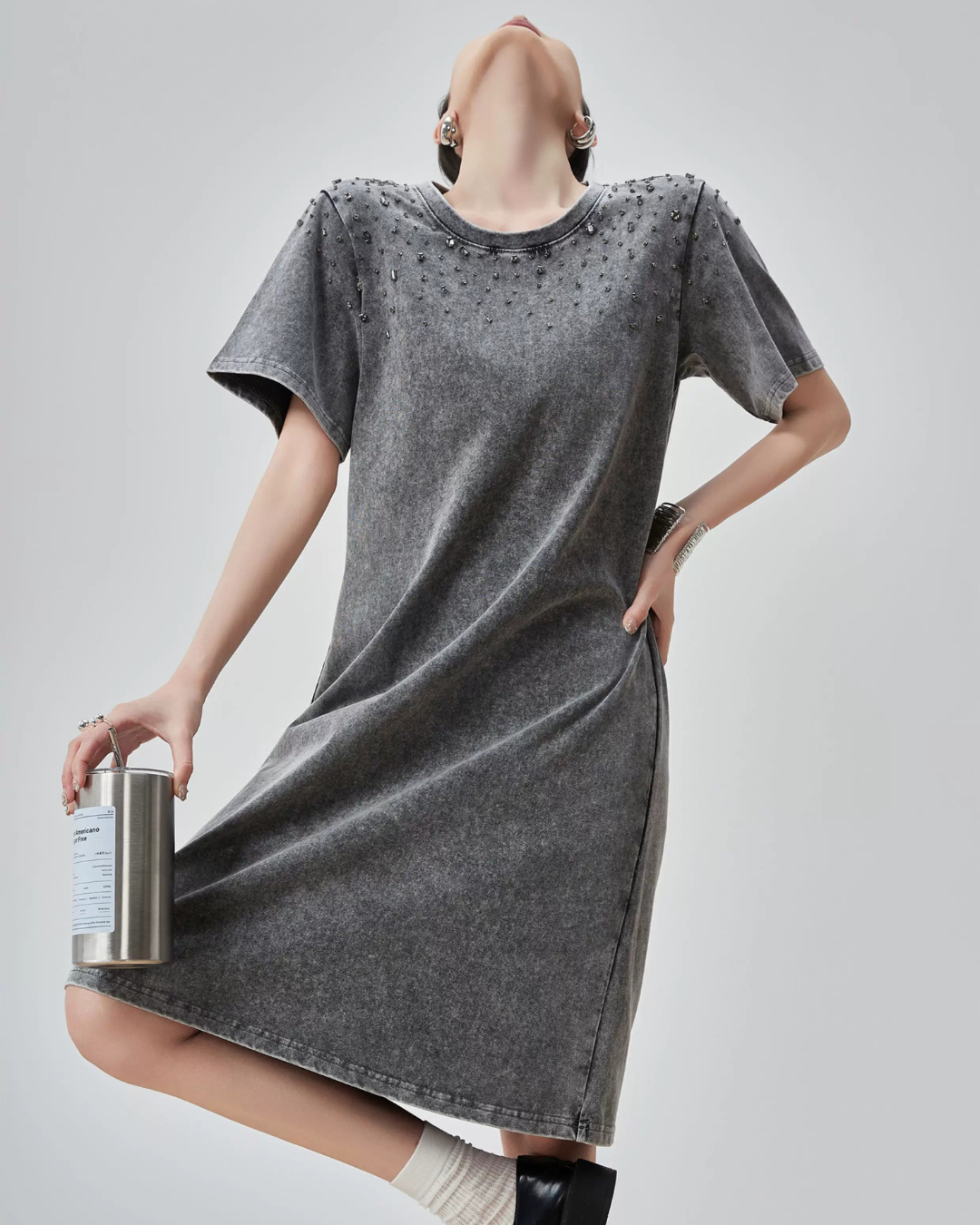 Chemical Wash Studs T-Shirt Dress FER0197