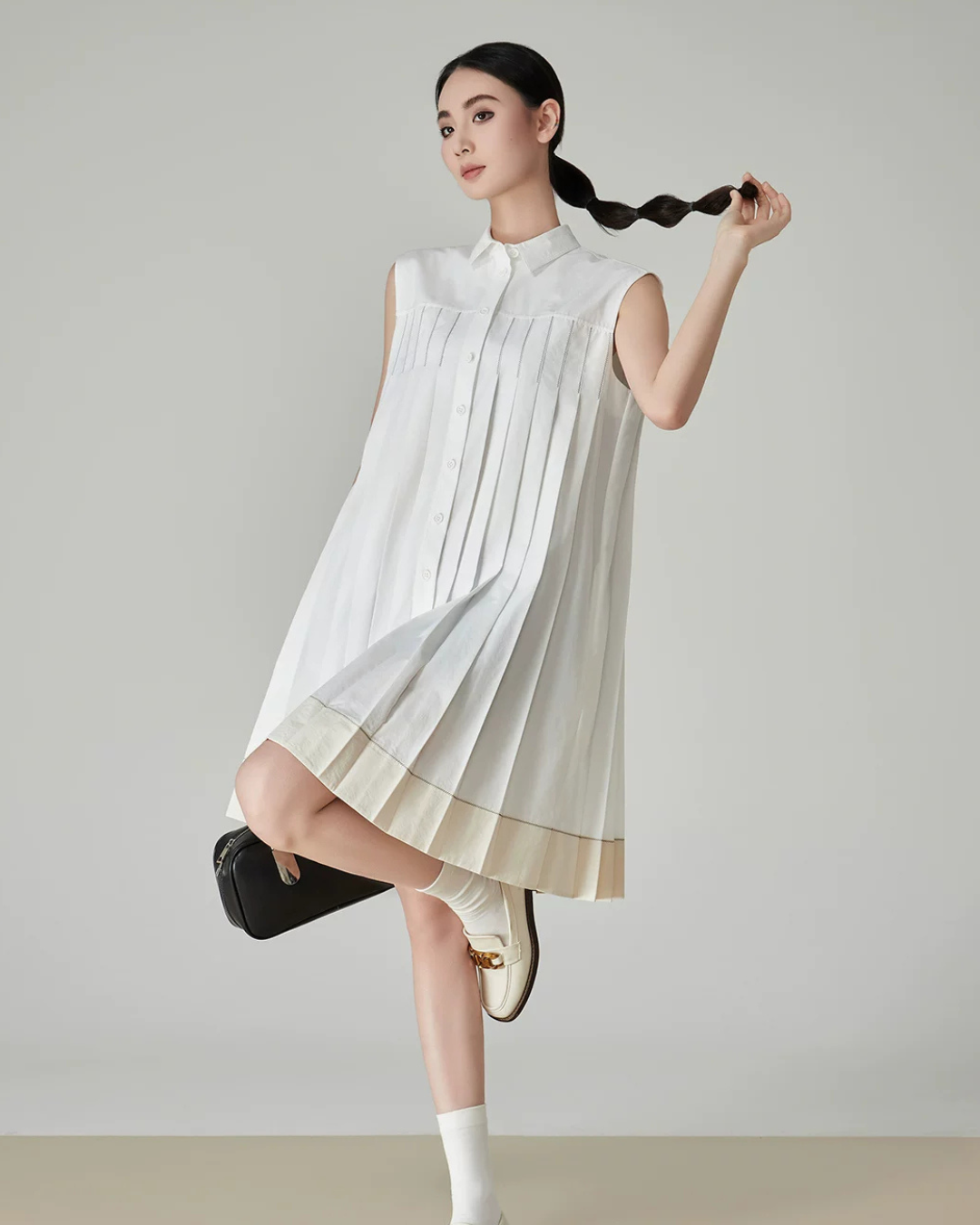 Sleeveless Shirt Pleated Dress FER0174