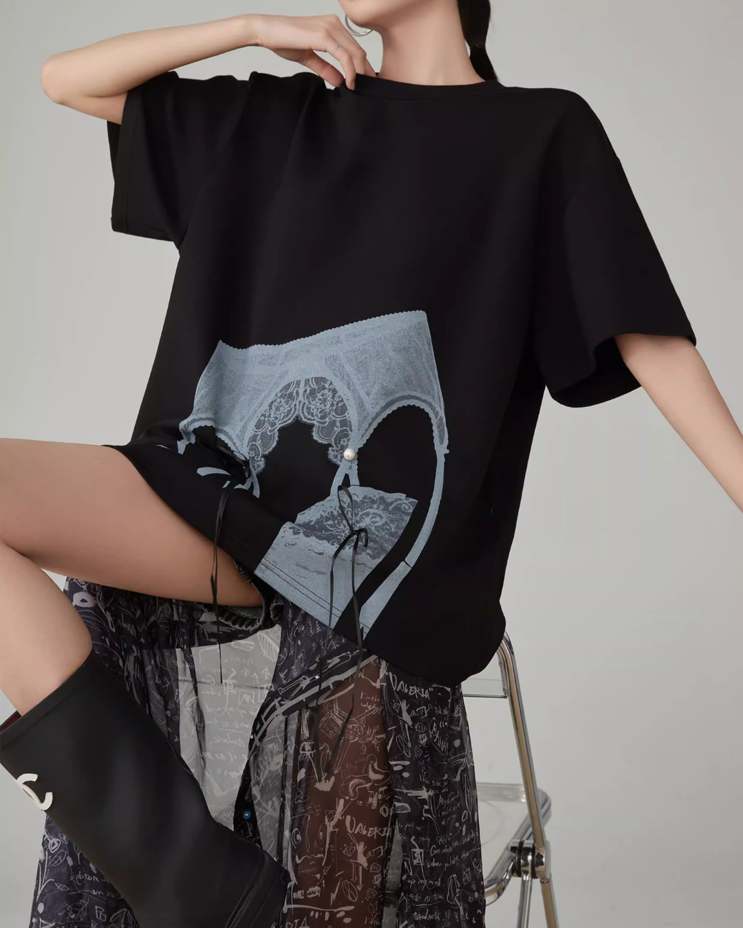Lace Printed Short-Sleeve T-Shirt FER0071
