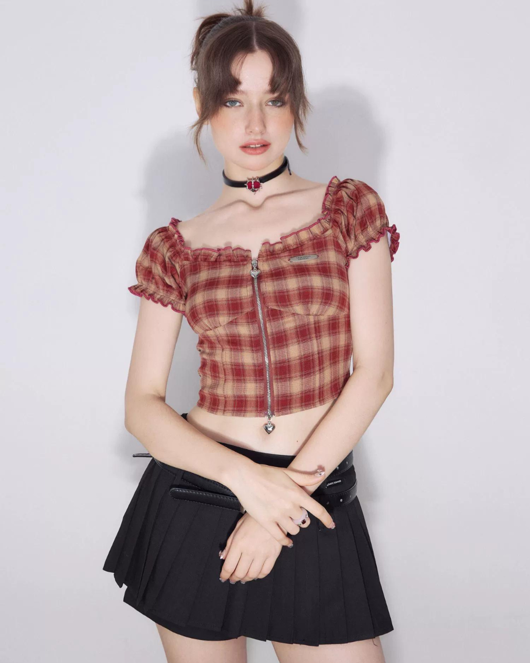 Retro Plaid Off-Shoulder Tops ZZF0236