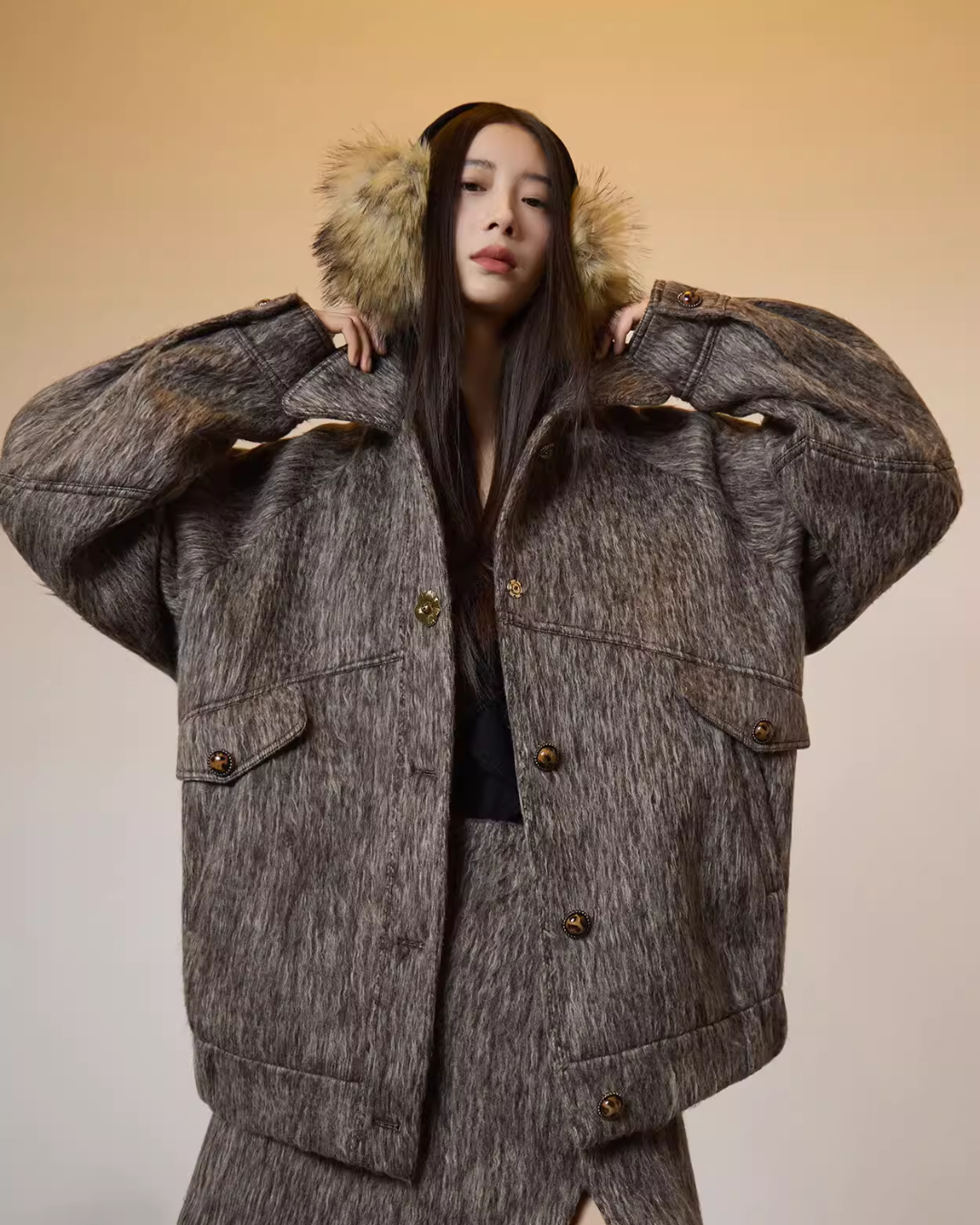 Vintage Mocha Brown Wool Jacket / Mini Skirt SUY0017