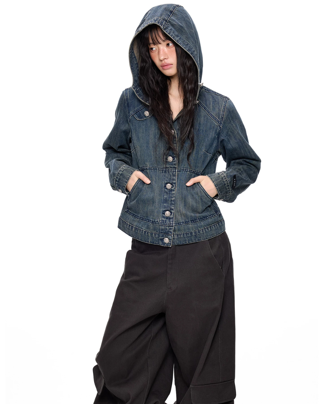 Washed Vintage Hoodie Denim Cardigan EZK0109