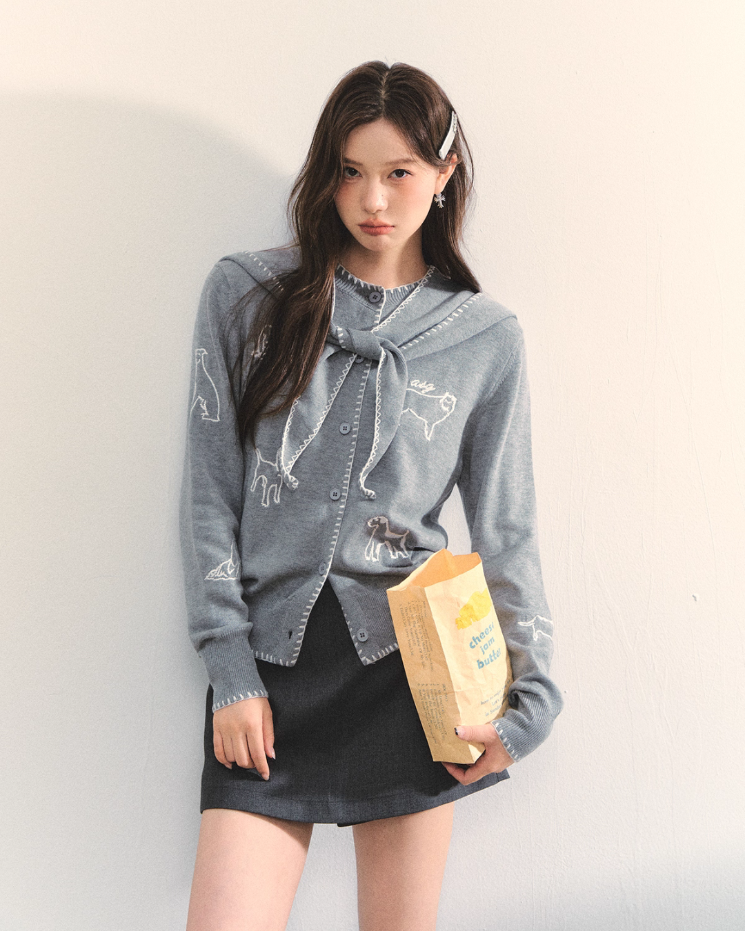 Dog Embroidery Round Neck Knit Cardigan ASG0070