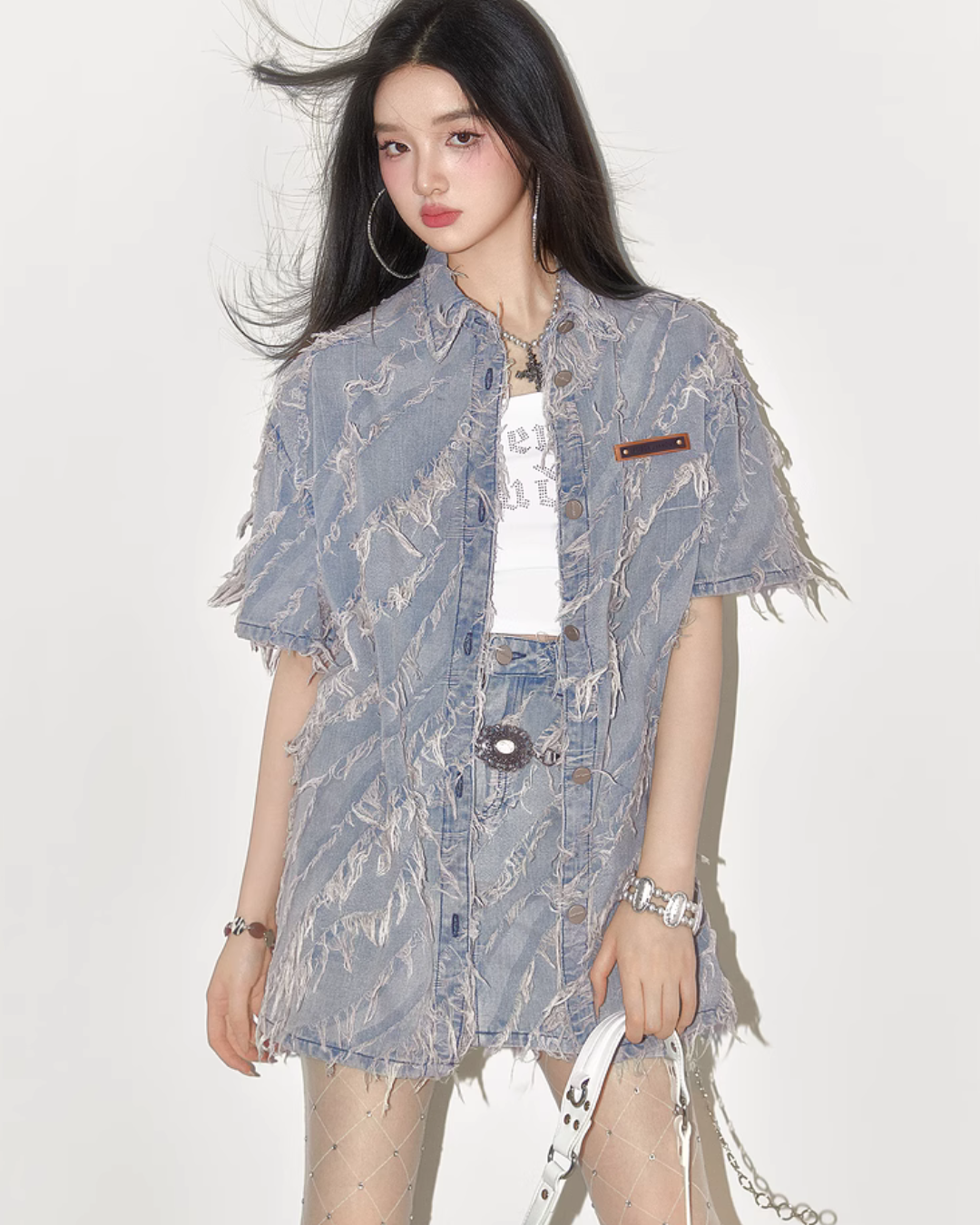 Fringe Retro Denim Shirt / Denim Mini Skirt EPU0013