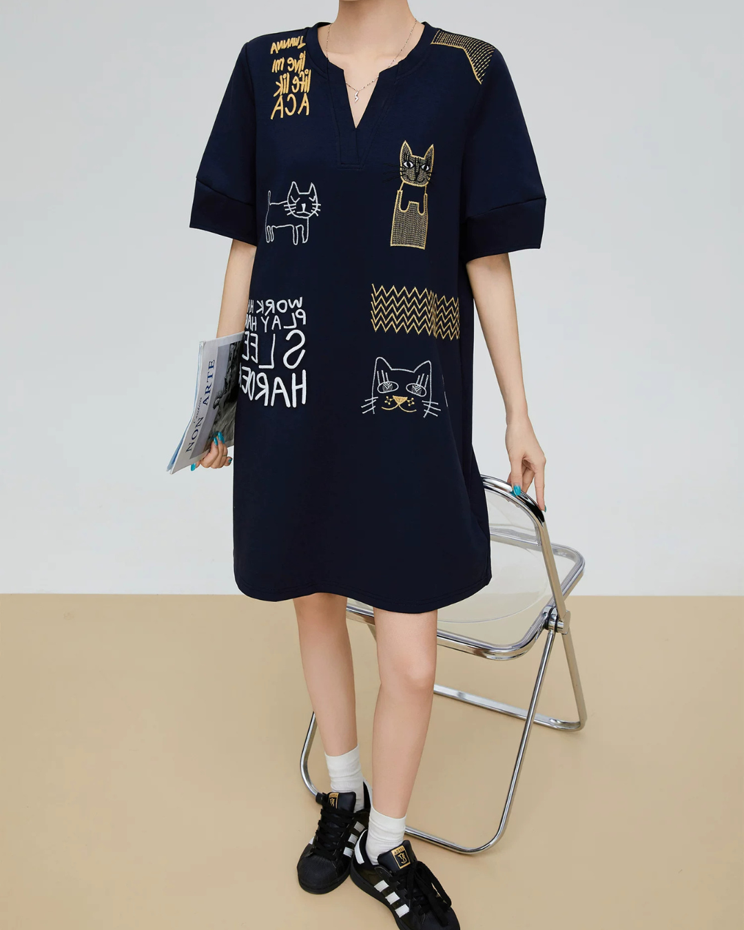 Cat Embroidery Key Neck Dress FER0221