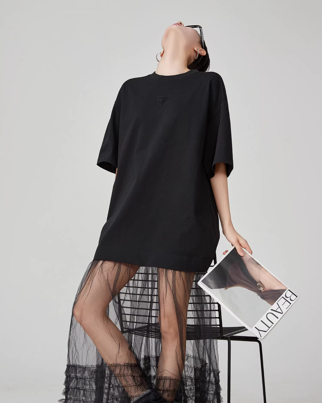 Black Patchwork Mesh T-Shirt Dress FER0055