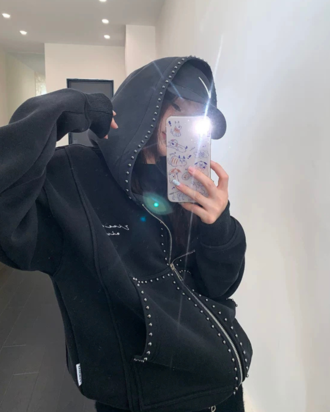 Studded Design Hooded Zip Jacket YLS1033
