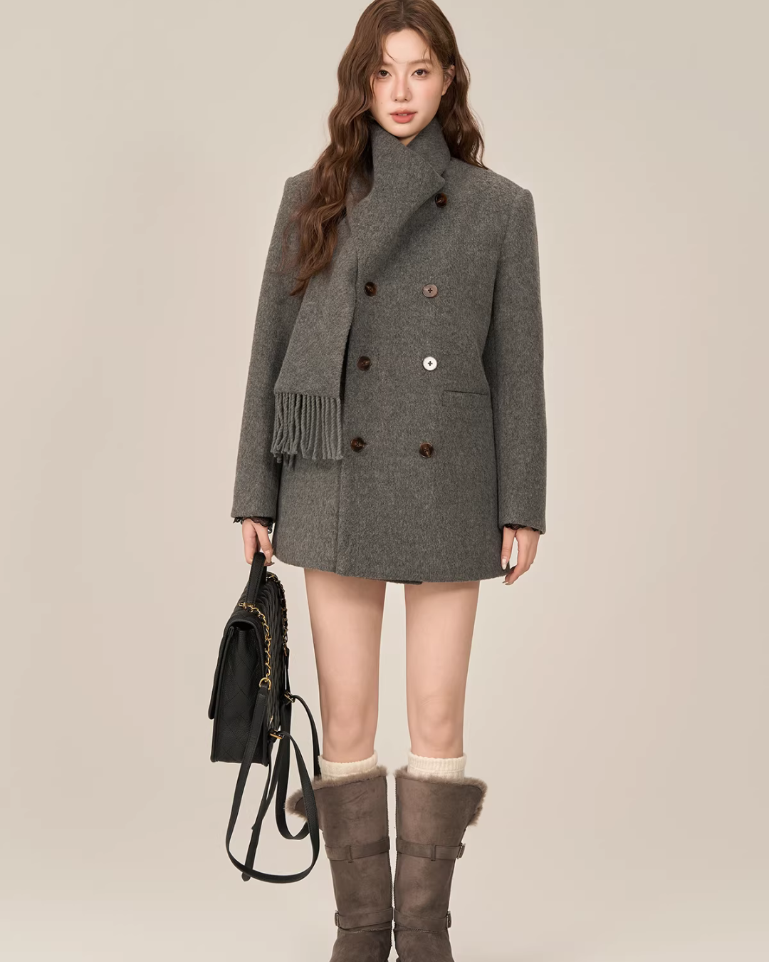 Scarf Collar Double Breasted Wool Coat WDB0003