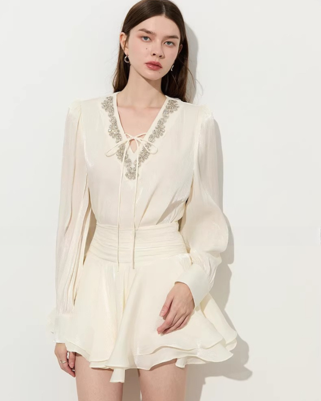 V-Neck Sparkly Sheer Top / Flared Mini Skirt DPY0079