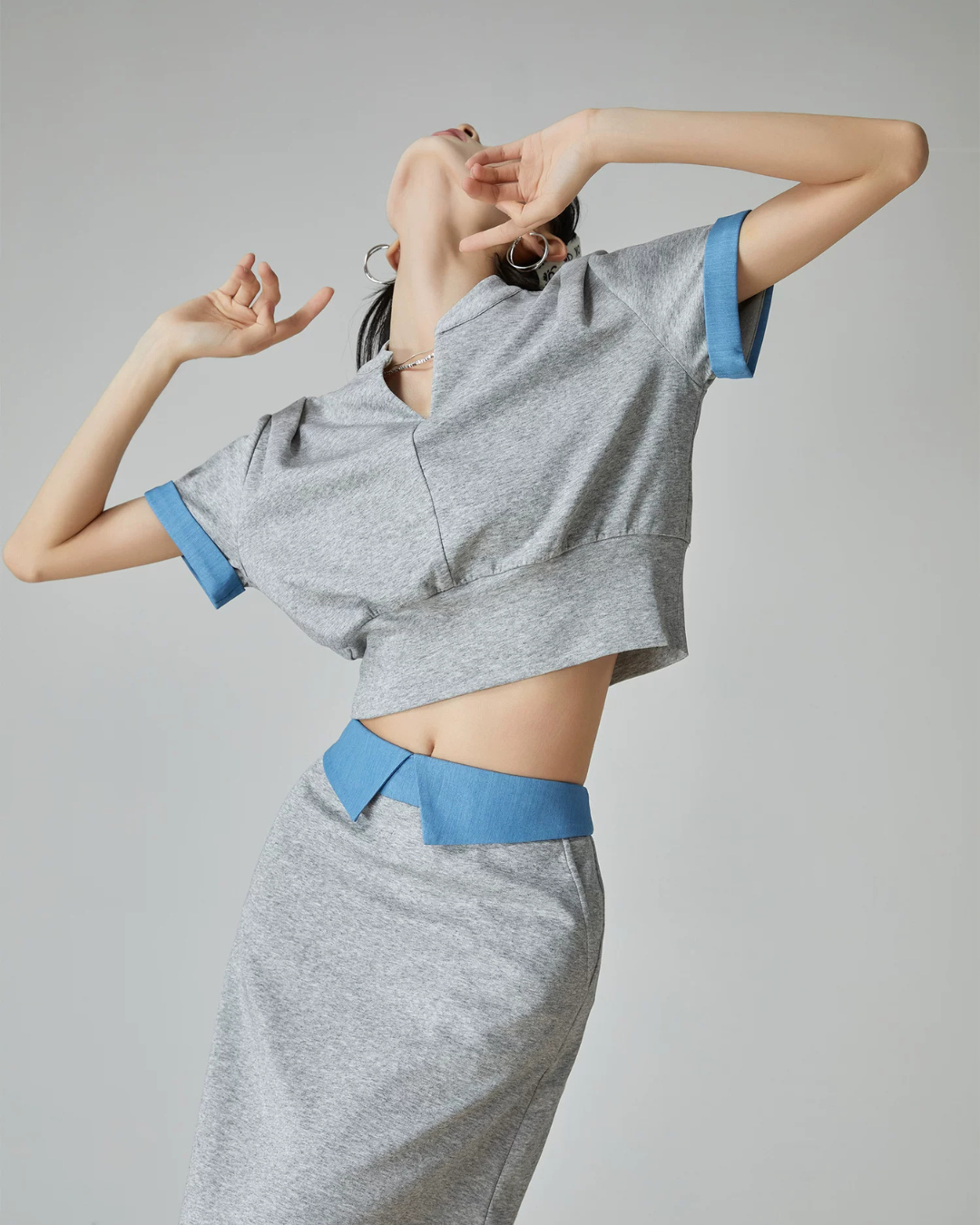 Blue Color-Block Ribbed Zip Top / Long Skirt FER0312