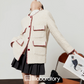 Elegant Tweed Jacket / Striped Pleated Skirt / White Long-Sleeve Shirt LLA0532