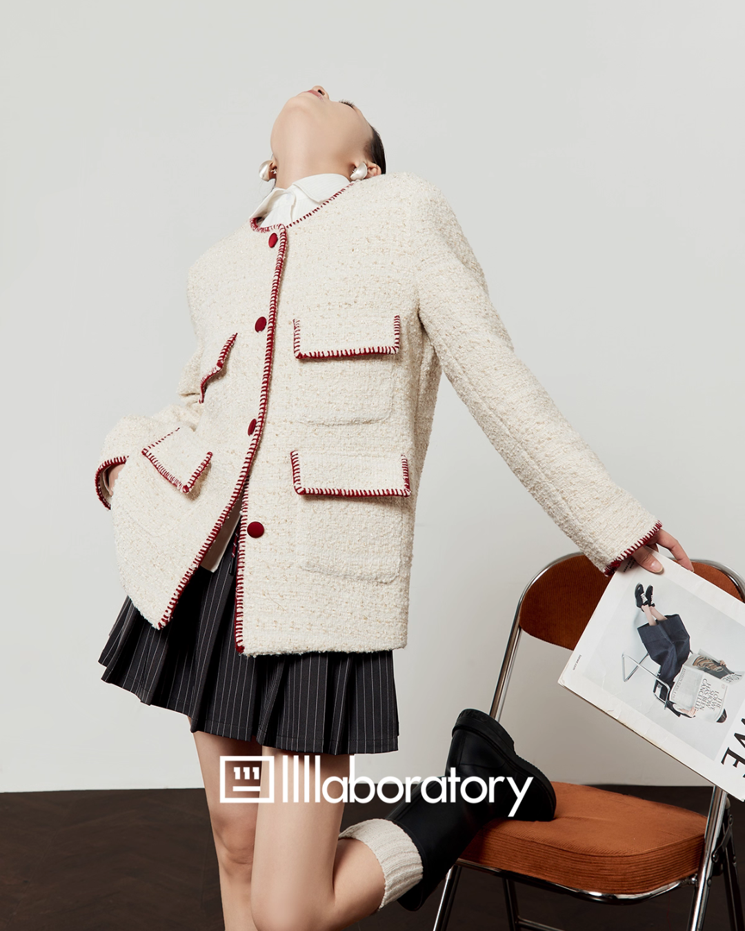 Elegant Tweed Jacket / Striped Pleated Skirt / White Long-Sleeve Shirt LLA0532