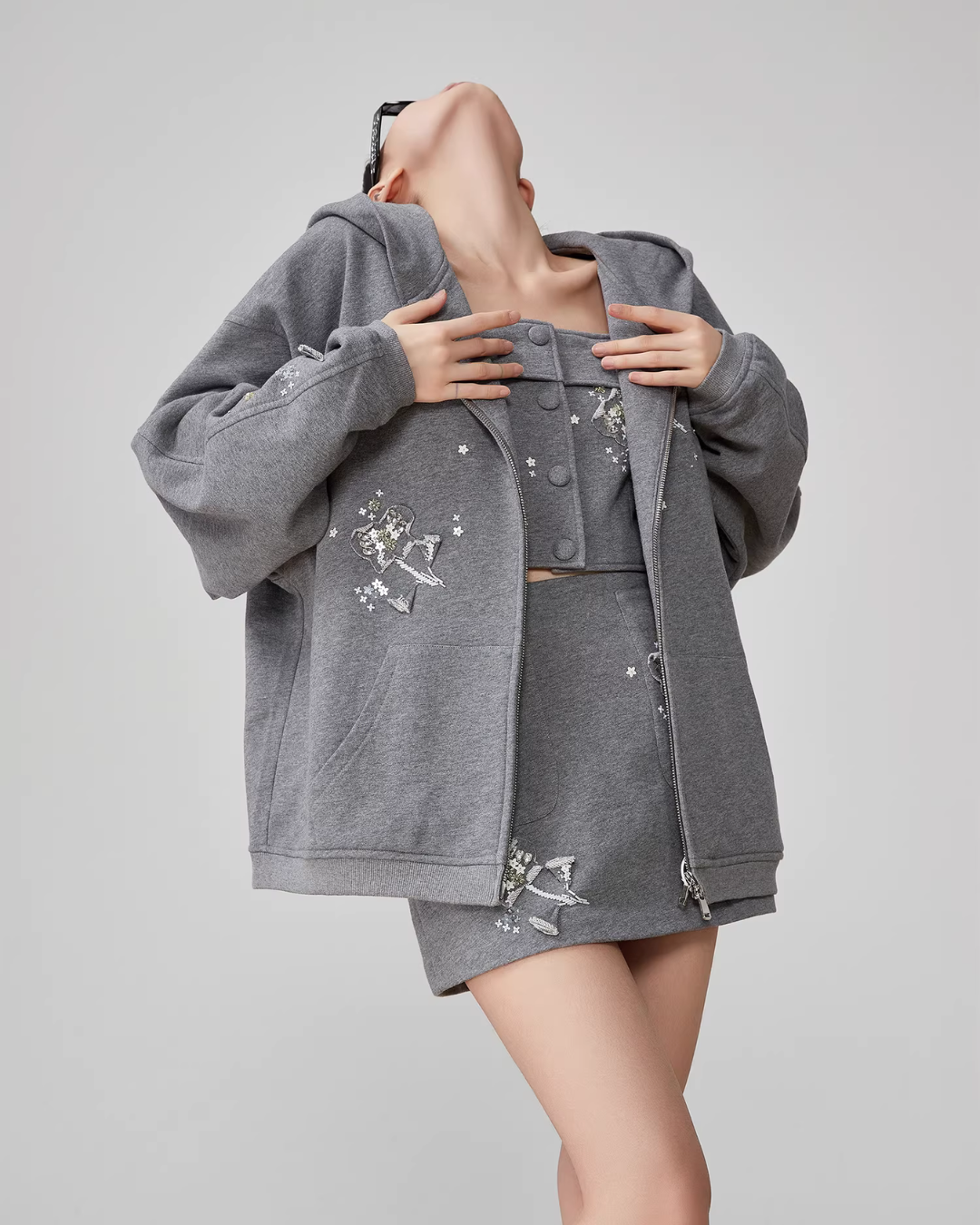 Flower Handmade Zip-Up Hoodie / Camisole / Mini Skirt FER0052