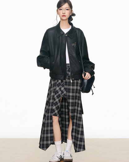 Leather Jacket / Asymmetric Check Pattern Skirt WEO0064