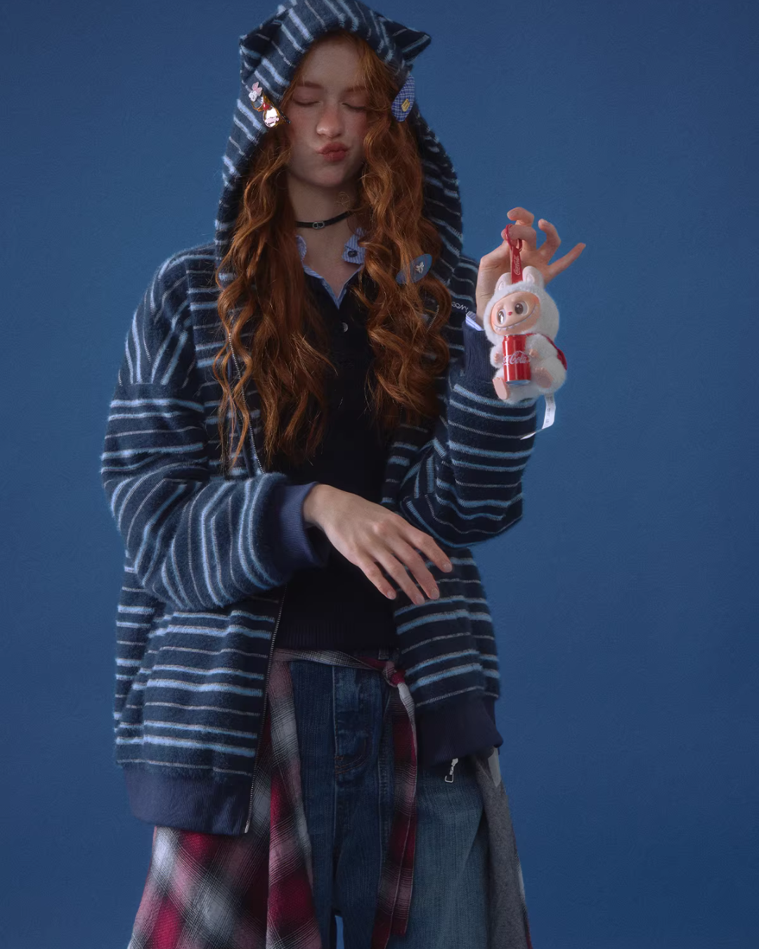 Striped Cat Ear Hoodie / Layered-Style Design Shirt ASG0076