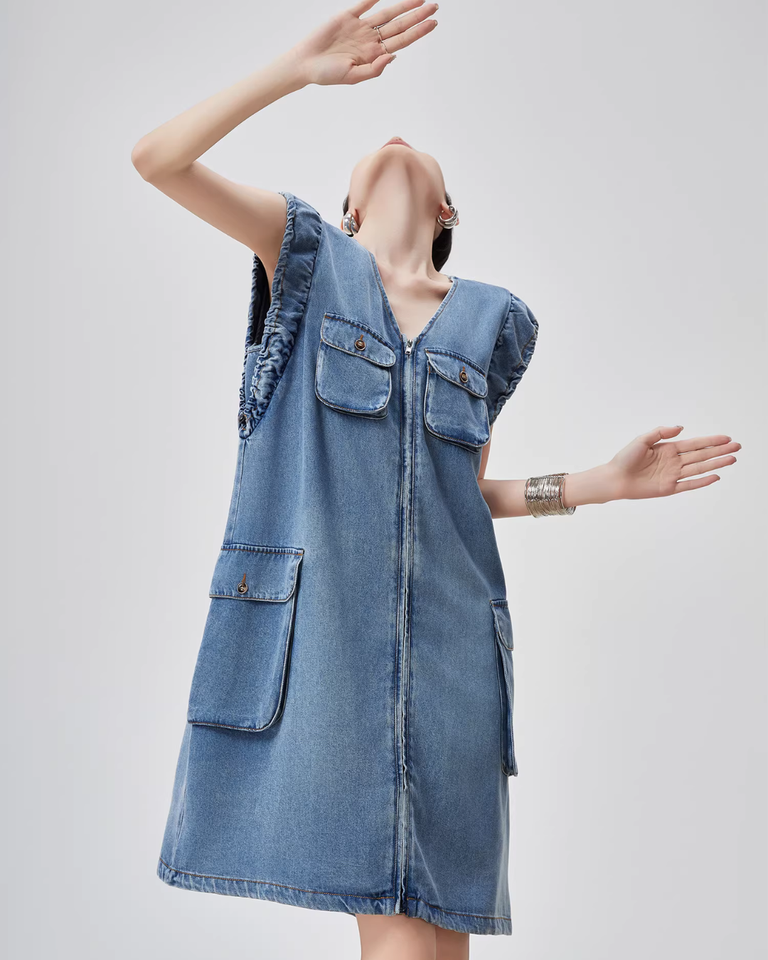 V-Neck Sleeveless Denim Dress FER0115